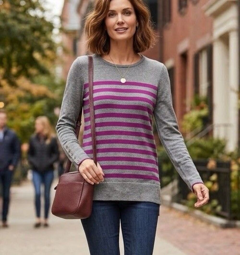 J.McLaughlin Jamey Striped Knit Sweater Top Button Sleeve Grey Purple S